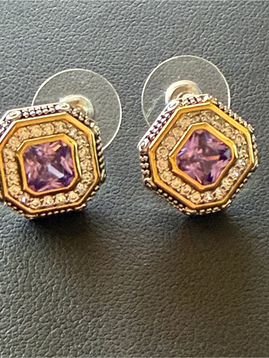 Vintage Jewelry - Vintage Purple Amethyst & Sterling Silver Octagon Crystal Stud Earrings